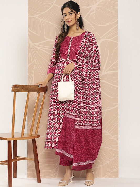 Yufta Floral Printed Regular Gotta Patti Pure Cotton Kurta with Trousers & With Dupatta