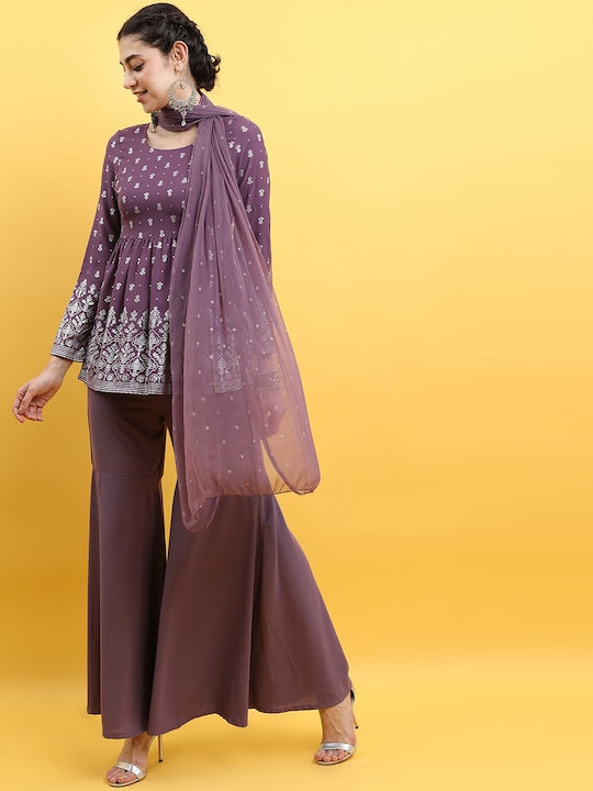 Vishudh Ethnic Motifs Printed Empire Kurta with Sharara & Dupatta