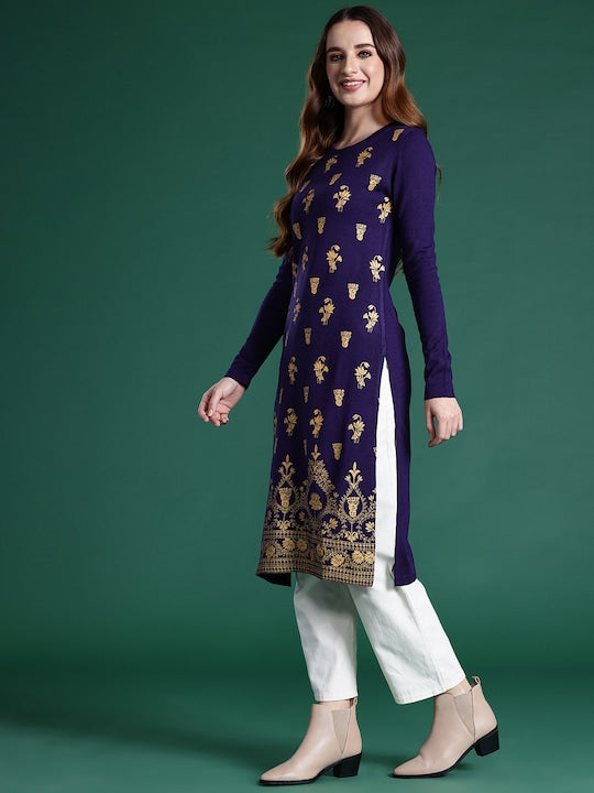 Sangria Ethnic Motifs Woven Design Knitted Kurta