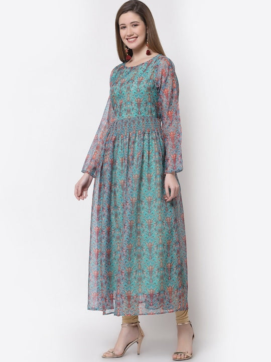 Myshka Turquoise Blue Ethnic Motifs Organic Cotton Ethnic Maxi Dress