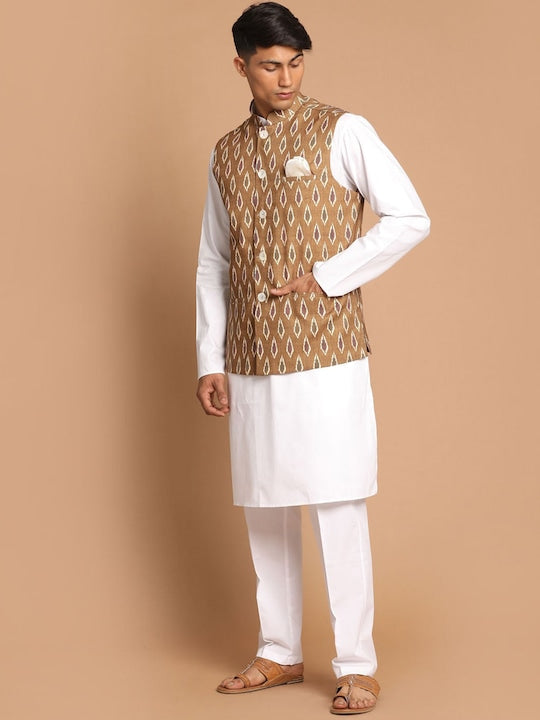 Vastramay Men Pure Cotton Kurta with Trousers &Nehru Jacket