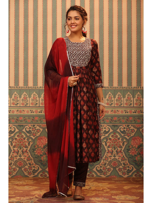 PIROH Womens Butta Foil Print Nayra Cut Modal Kurta Trouser & Naznin Dupatta Wine (Set of 3)