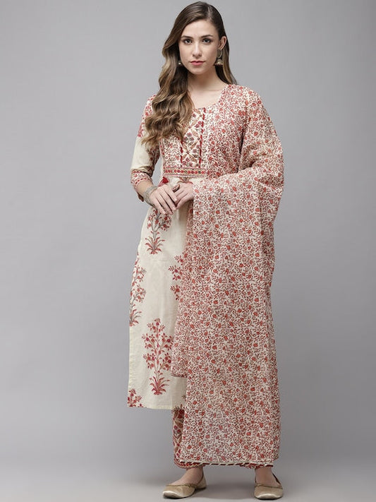 Yufta Women Off White Floral Printed Regular Thread Work Pure Cotton Kurta with Trousers & With Dupatta