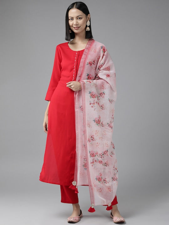 Yufta Women Red Kurta with Trousers & With Dupatta