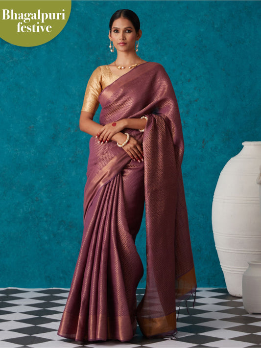 Likha Wine Linen Woven Bhagalpuri Festive Zari Saree & Unstitched Blouse LIKSAR50 (Free Size)