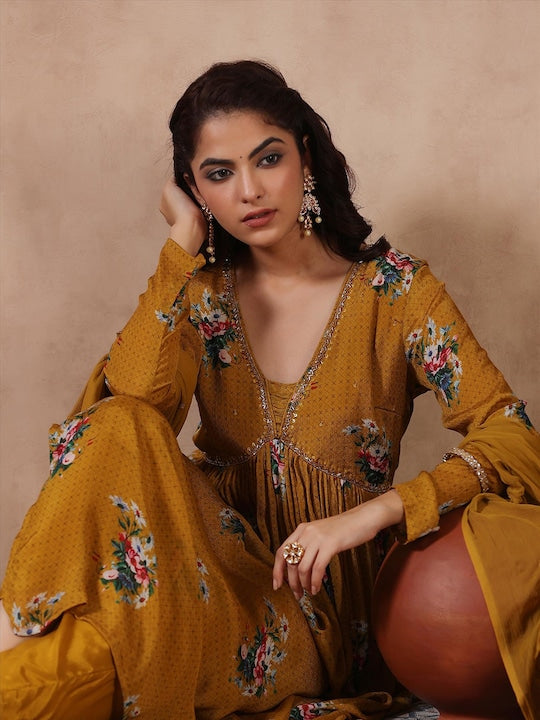 ScakhiI Floral Printed Empire Sequinned Kurta With Trousers & Dupatta