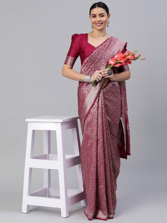 Satrani Red & Silver-Toned Paisley Zari Banarasi Saree