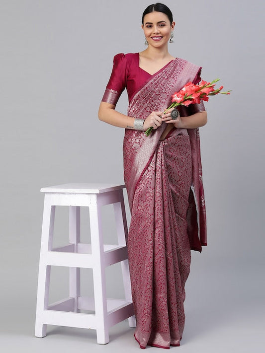 Satrani Red & Silver-Toned Paisley Zari Banarasi Saree