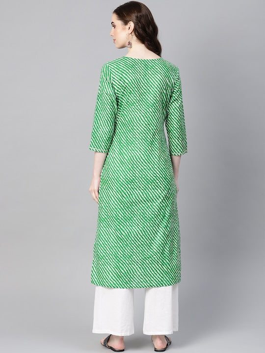 Yufta Women Green & Off-White Leheriya Dyed Straight Kurta Green