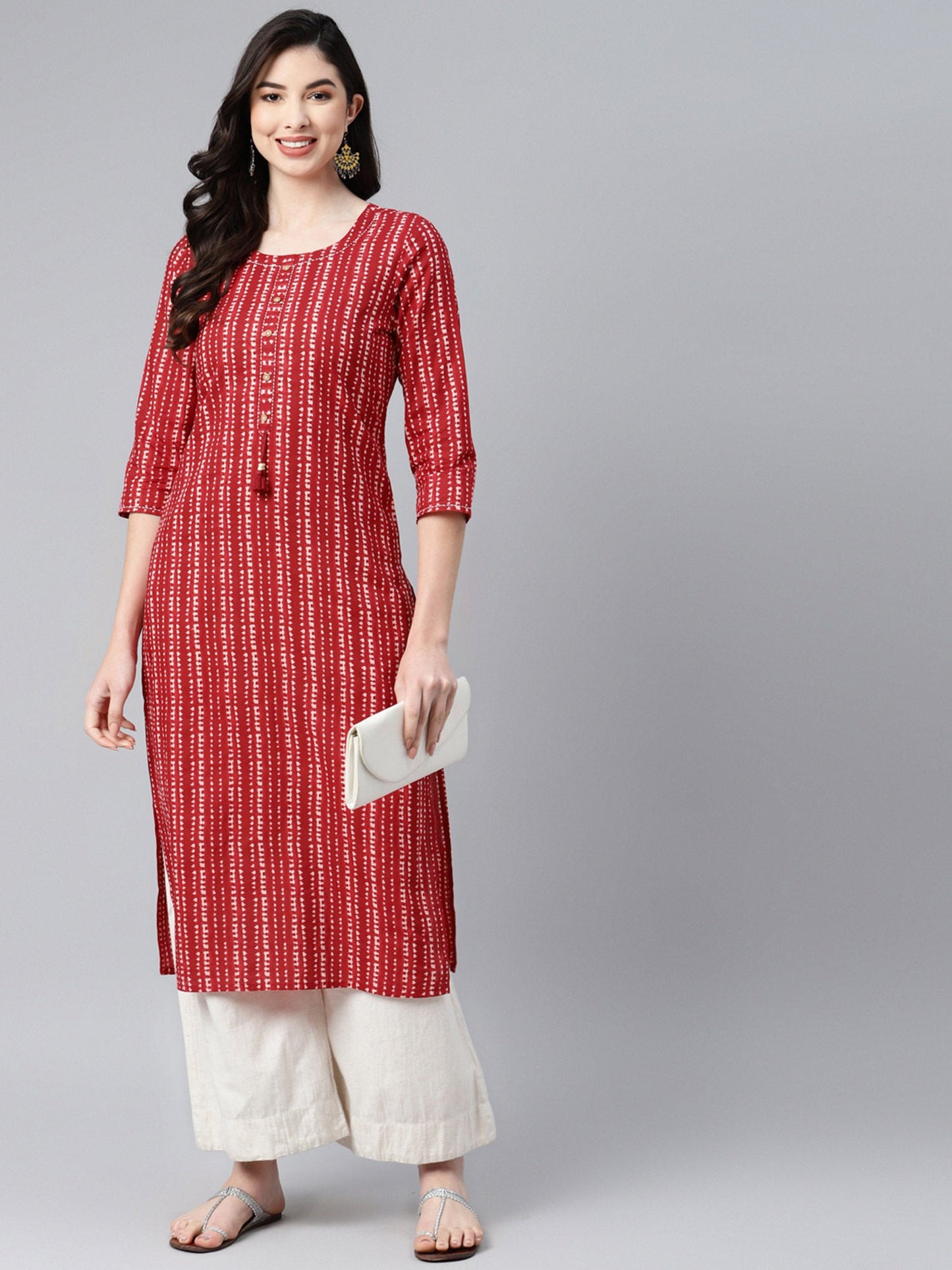 PIROH Womens Cotton Stripe Print Straight Kurta Red