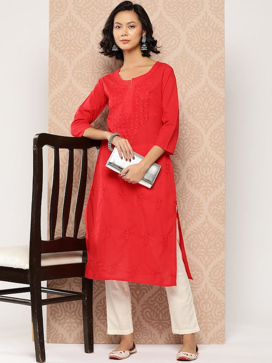 Yufta Floral Embroidered Chikankari Cotton Kurta Red