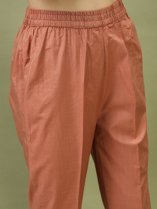 Vishudh Women Brown Floral Printed A-Line Kurta with Trouser and Teal Blue Jacket