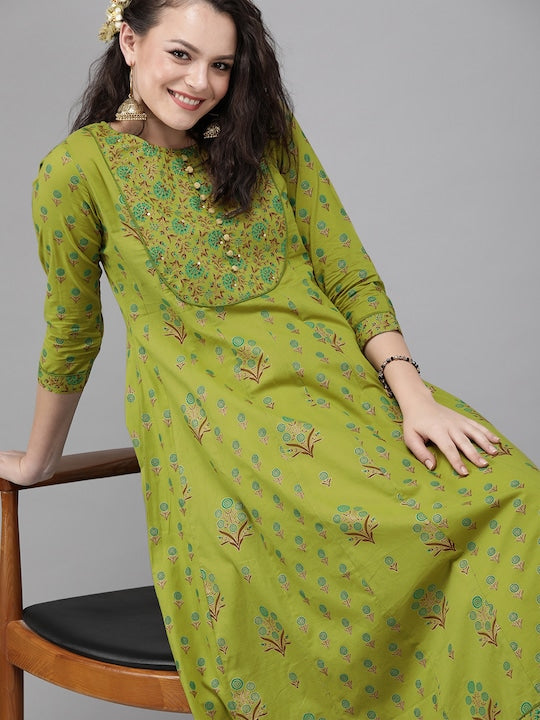 Yufta Women Green & Brown Printed A-Line Panelled Kurta
