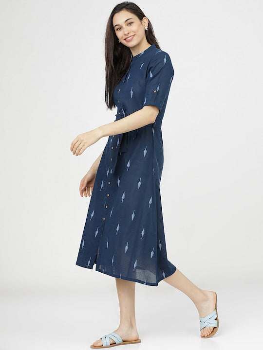 Vishudh Navy Blue Ethnic A-Line Midi Dress