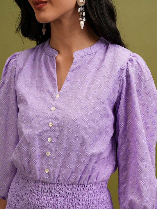 Vishudh Lavender Self Design Mandarin Collar Puff Sleeves Smocked A-Line Dress