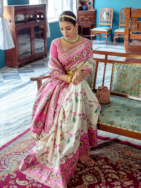 Mitera White Floral Woven Design Zari Paithani Saree