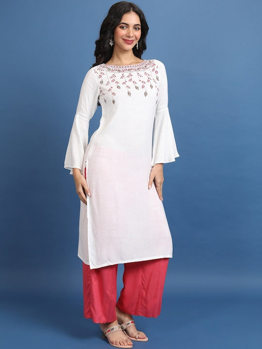 Vishudh White Floral Printed Bell Sleeves Kurta