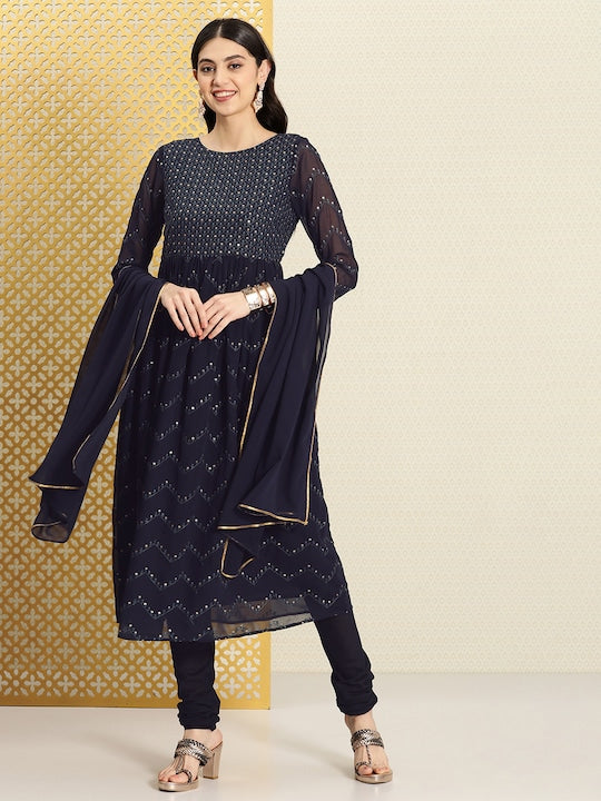 House of Pataudi Jashn Ethnic Motifs Embroidered Sequinned Kurta & Churidar With Dupatta
