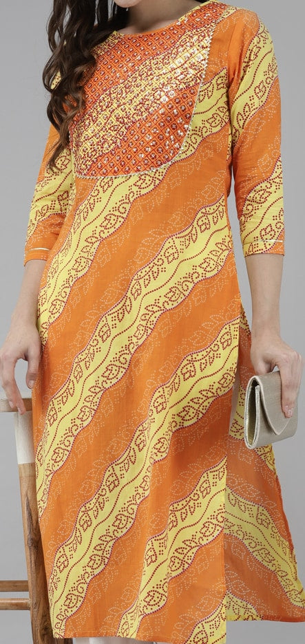 Yufta Women Yellow & Orange Bandhani Gotta Patti Pure Cotton Kurta with Trousers
