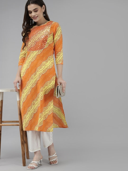 Yufta Women Yellow & Orange Bandhani Gotta Patti Pure Cotton Kurta with Trousers