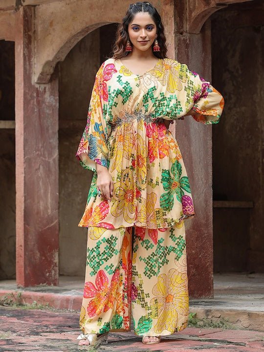 Scakhi Floral Printed V-Neck Anarkali Kurta With Palazzo