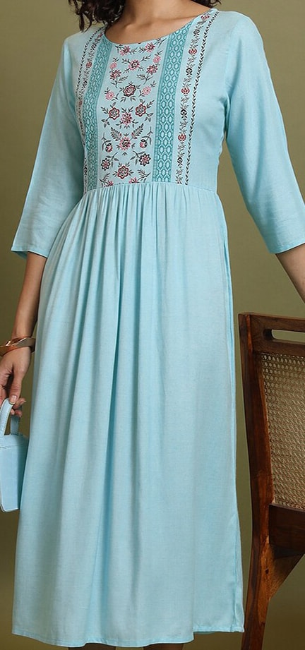 Vishudh Blue Floral Printed Gathered Cotton Fit and Flare Midi Dress