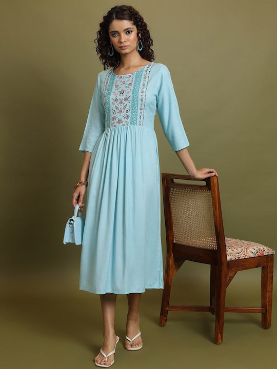 Vishudh Blue Floral Printed Gathered Cotton Fit and Flare Midi Dress