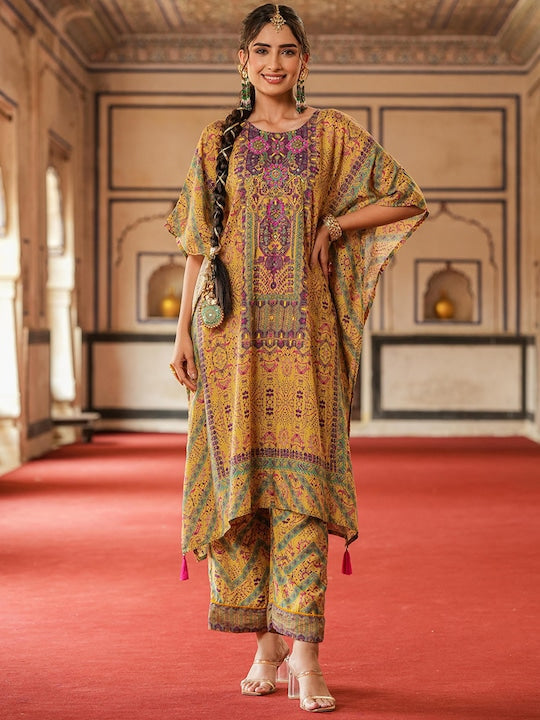 SCAKHI Ethnic Motifs Printed Beads & Stones Kaftan Kurta With Palazzos