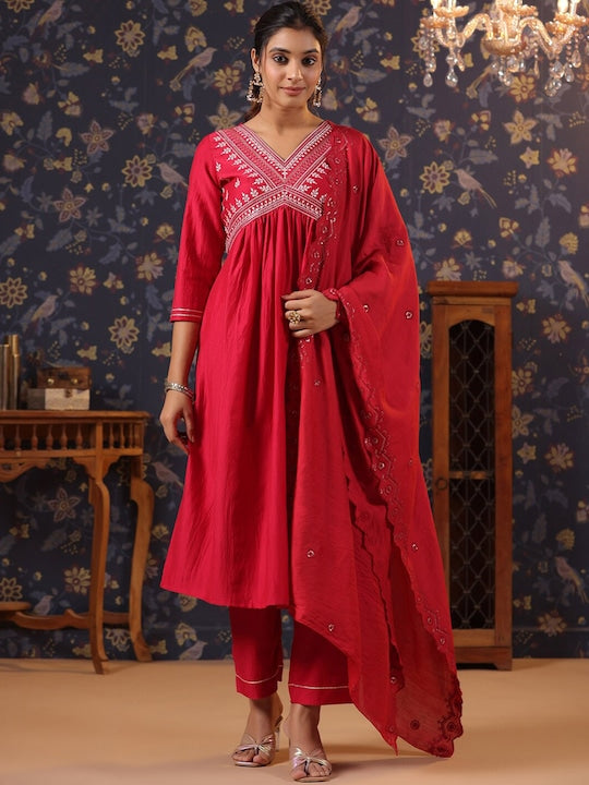 House of Pataudi Ethnic Motifs Yoke Design Straight Kurta & Trousers With Dupatta