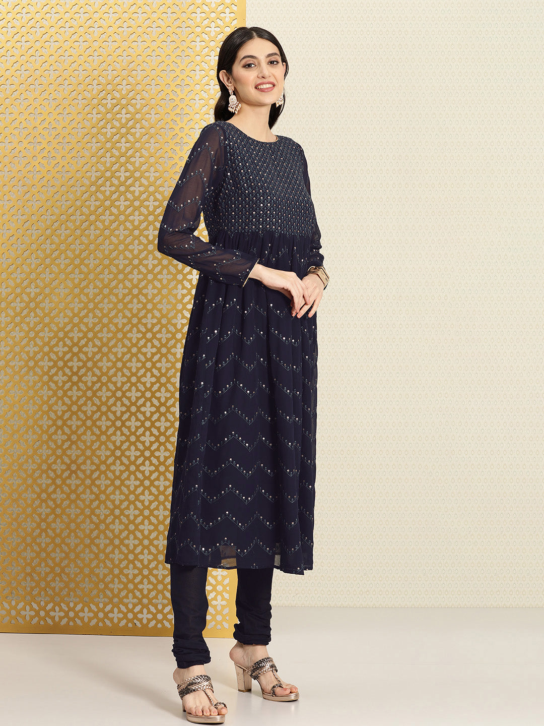 House of Pataudi Jashn Ethnic Motifs Embroidered Sequinned Kurta & Churidar With Dupatta
