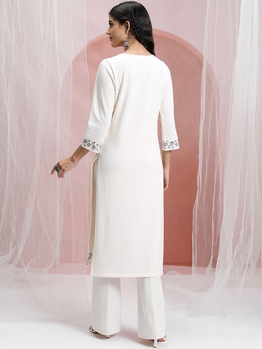 Vishudh Cream-Coloured Floral Yoke Design Thread Work Straight Kurta