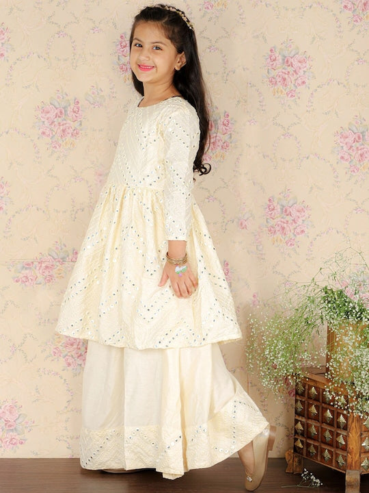 Vastramay Girls Cream-Coloured Embroidered Mirror Work Ready to Wear Lehenga Set