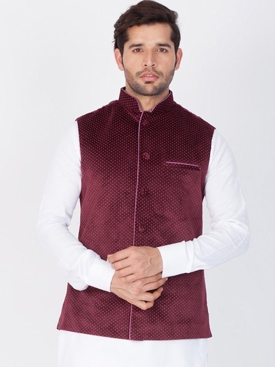 Vastramay Men Maroon Polka Dots Print Velvet Nehru Jacket