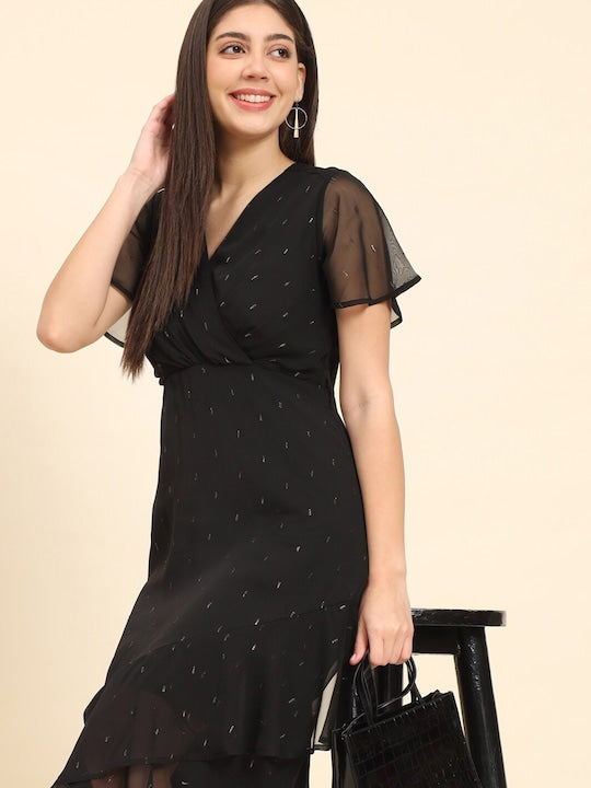 Here&now Abstract Printed Flutter Sleeve A-Line Midi Dress