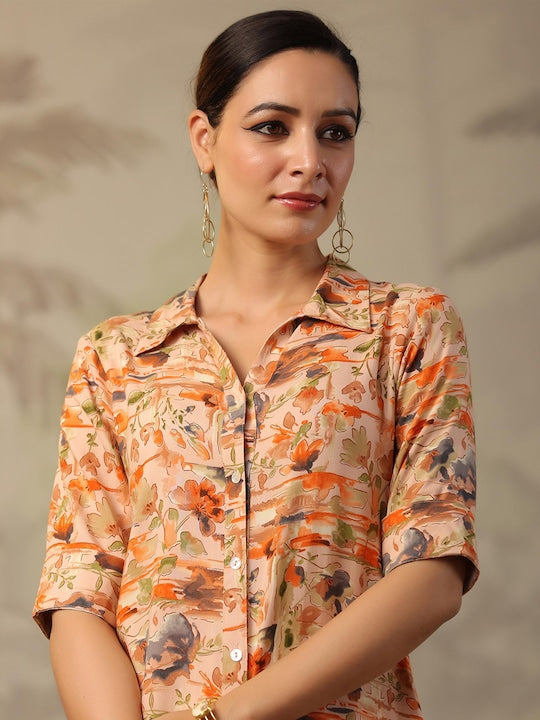 SCAKHI Absatrct Printed Shirt Collar High Low Hem Kurti With Palazzos