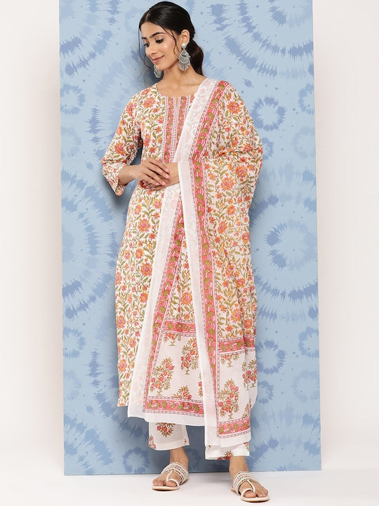 Yufta Floral Printed Regular Pure Cotton Kurta with Trousers & With Dupatta