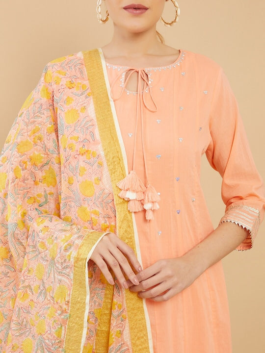 Soch Women Peach-Coloured Pure Cotton Kurta with Churidar With Dupatta