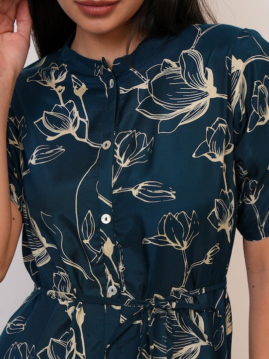 Vishudh Floral Print Mandarin Collar A-Line Midi Dress