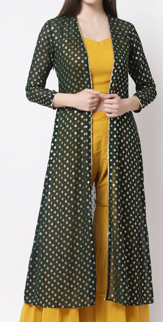 Myshka Women Green Ethnic Motifs Printed Layered Top with Sharara