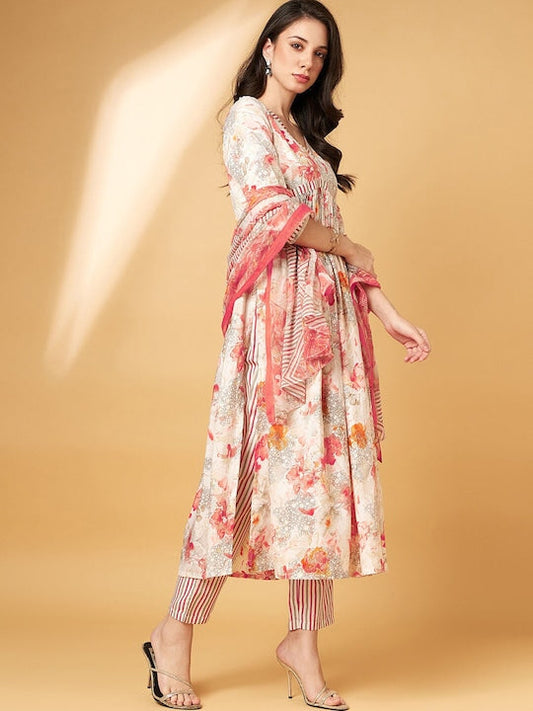 All about you Floral Embroidered V-Neck Straight Kurta With Trousers & Dupatta