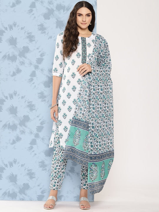 Yufta Women Ethnic Motifs Printed Pure Cotton Kurta with Trousers & Dupatta