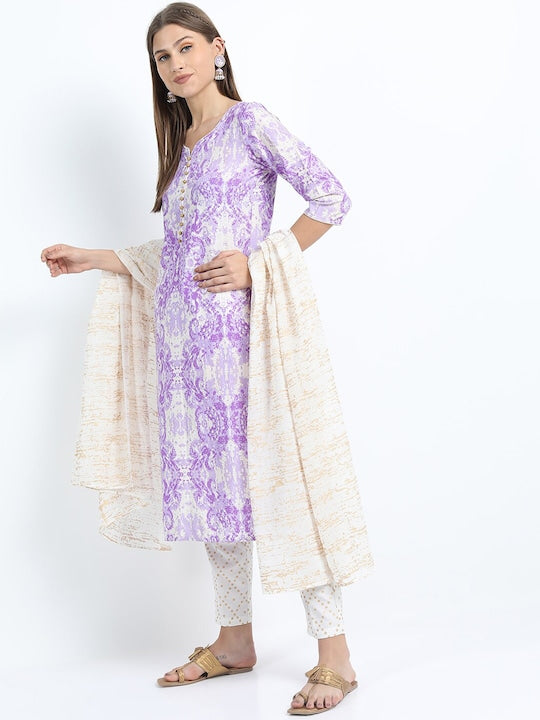 Vishudh Women Mauve Printed Straight Kurta with Trousers & With Dupatta