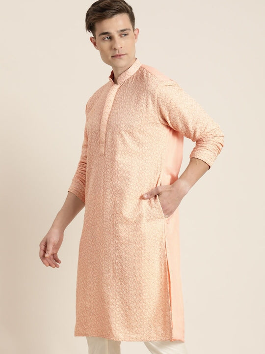 Vastramay Men Pink Ethnic Motifs Embroidered Georgette Kurta