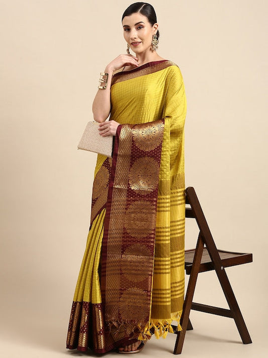 Anouk Mustard Yellow & Gold-Toned Checked Zari Pure Silk Kanjeevaram Saree