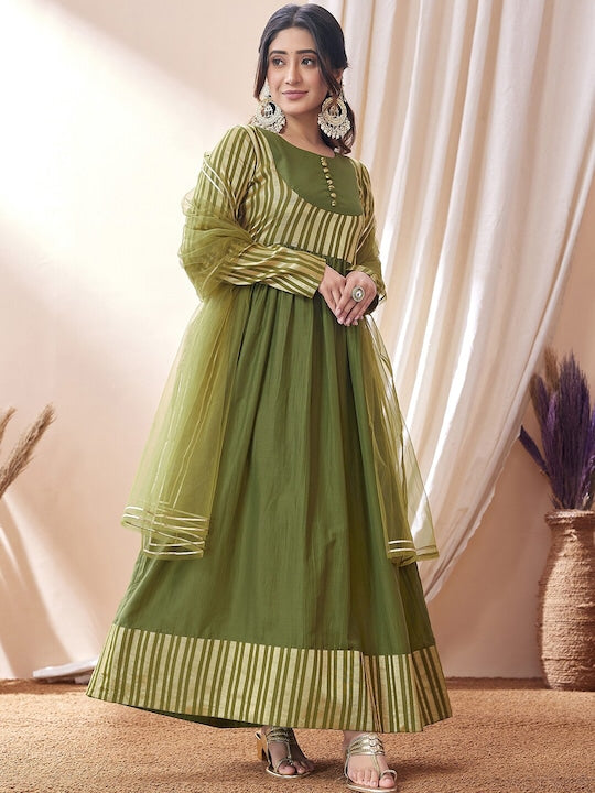 Mitera Green Striped Gotta Patti Regular Kurta With Trousers & Dupatta
