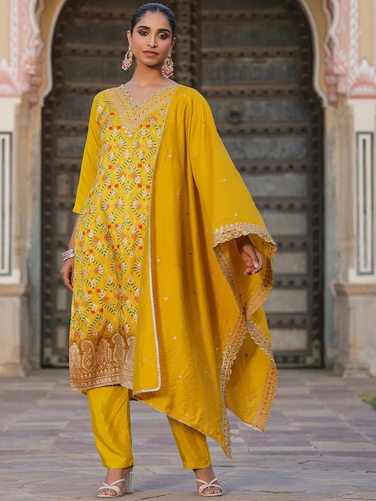 Scakhi Bandhani Printed Regular Straight Kurta & Trousers With Dupatta