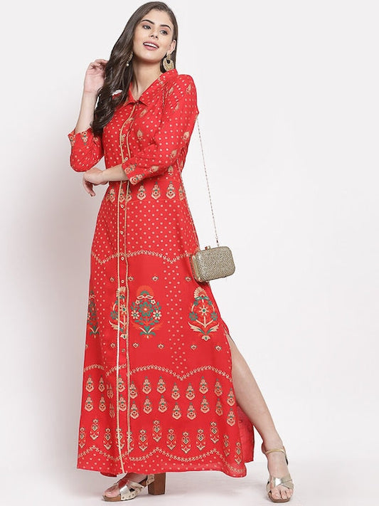 Myshka Women Red Ethnic Motifs Printed Anarkali Kurta