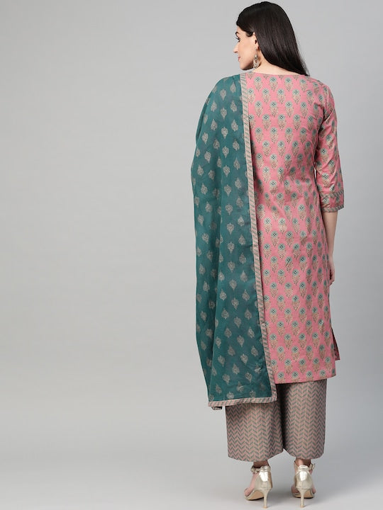 Yufta Women Pink & Blue Printed Kurta with Palazzos & Dupatta