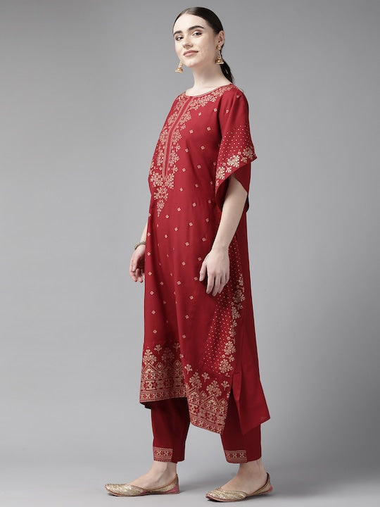 Yufta Women Red Ethnic Motifs Printed Kaftan Kurta with Trousers
