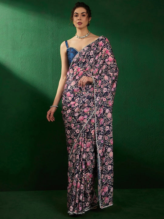 Sangria Floral Printed Satin Embellished Saree